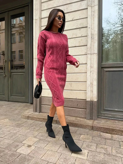 Berry Midi Dress by Lauven – Elegant textured knit sweater dress in rich berry, perfect for any occasion.