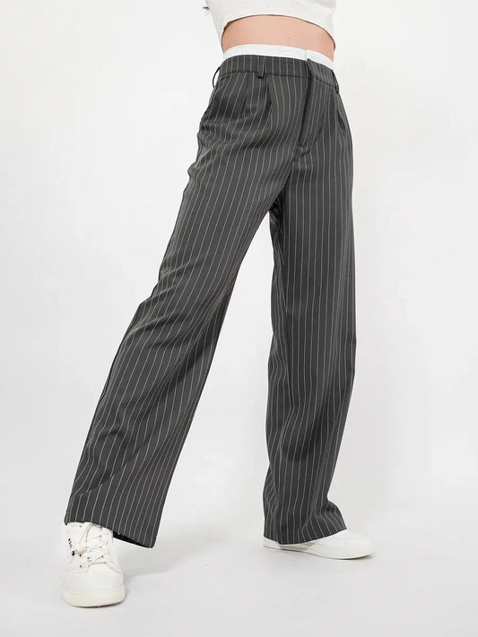 Elegant high-waist wide-leg Luna Pants by Lauven featuring a subtle pinstripe pattern in gray.