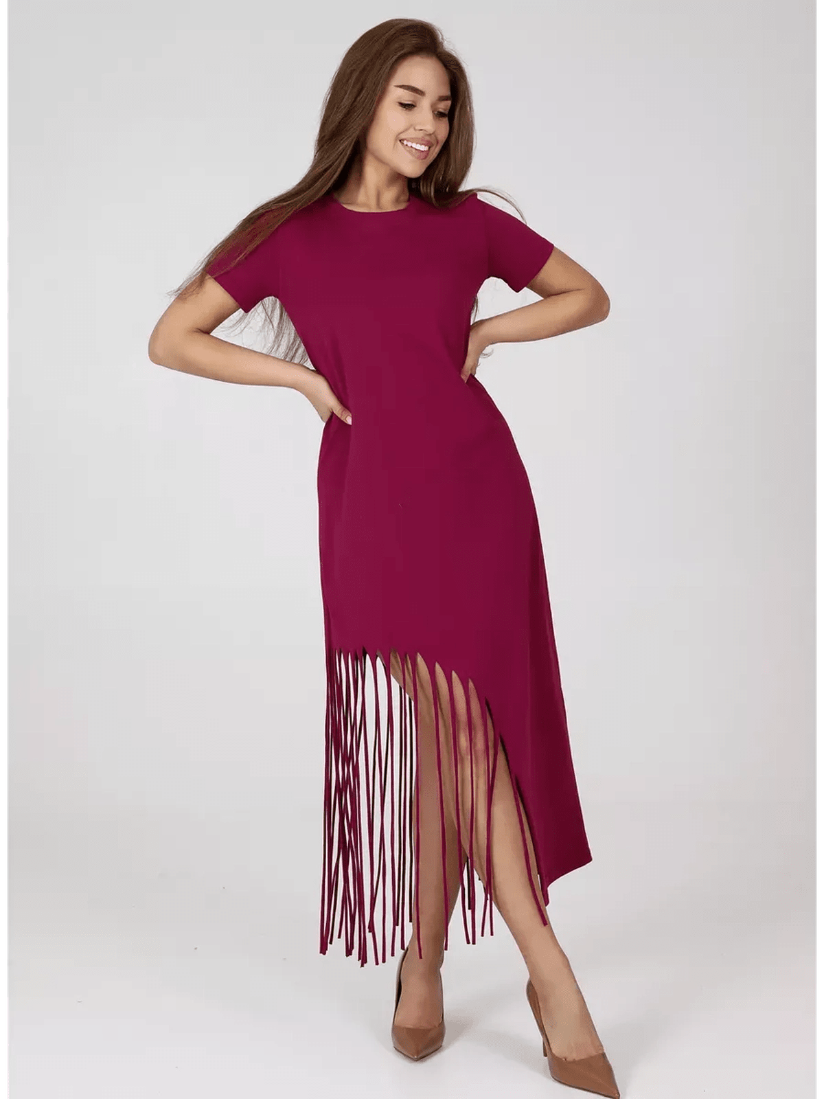 Riviera Midi Dress by Lauven, featuring a relaxed fit and playful fringe hem in a vibrant magenta color.