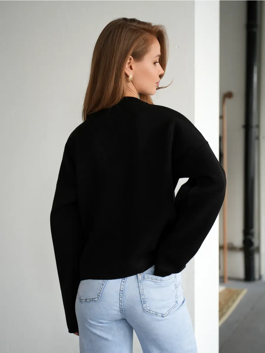 Obsidian Cardigan by Lauven - Chic black knitwear, showcasing back view with relaxed fit and dropped shoulders.