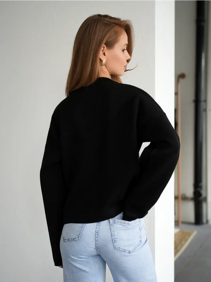 Obsidian Cardigan by Lauven - Chic black knitwear, showcasing back view with relaxed fit and dropped shoulders.