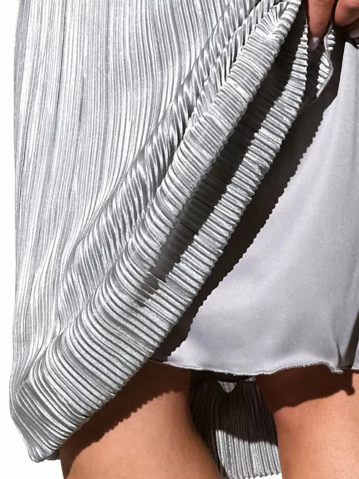 Lunara Midi Dress by Lauven, showcasing silver pleated fabric and soft lining for a graceful flow.