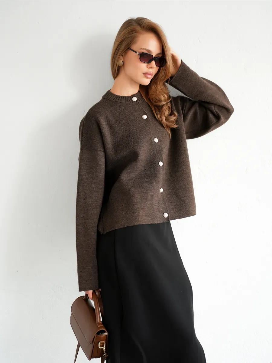 Cocoa Cardigan by Lauven, warm brown knitwear with button closure, ideal for school and office wear.