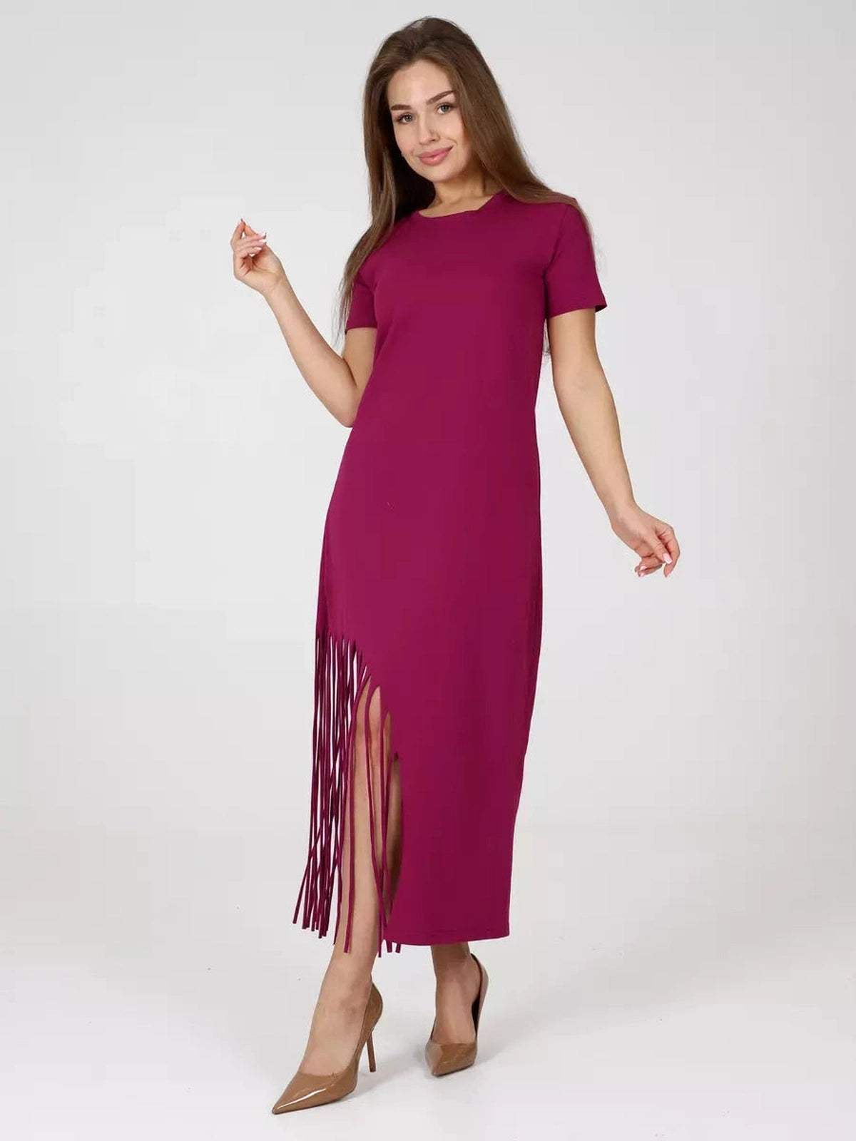 Riviera Midi Dress by Lauven in vibrant magenta with fringe hem and relaxed fit, perfect for casual elegance.