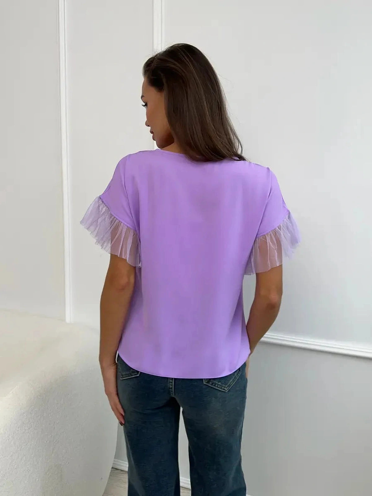 Lavande Blouse by Lauven - Lilac Short Sleeve Blouse with Sheer Ruffle Detail, Perfect for Casual or Workwear