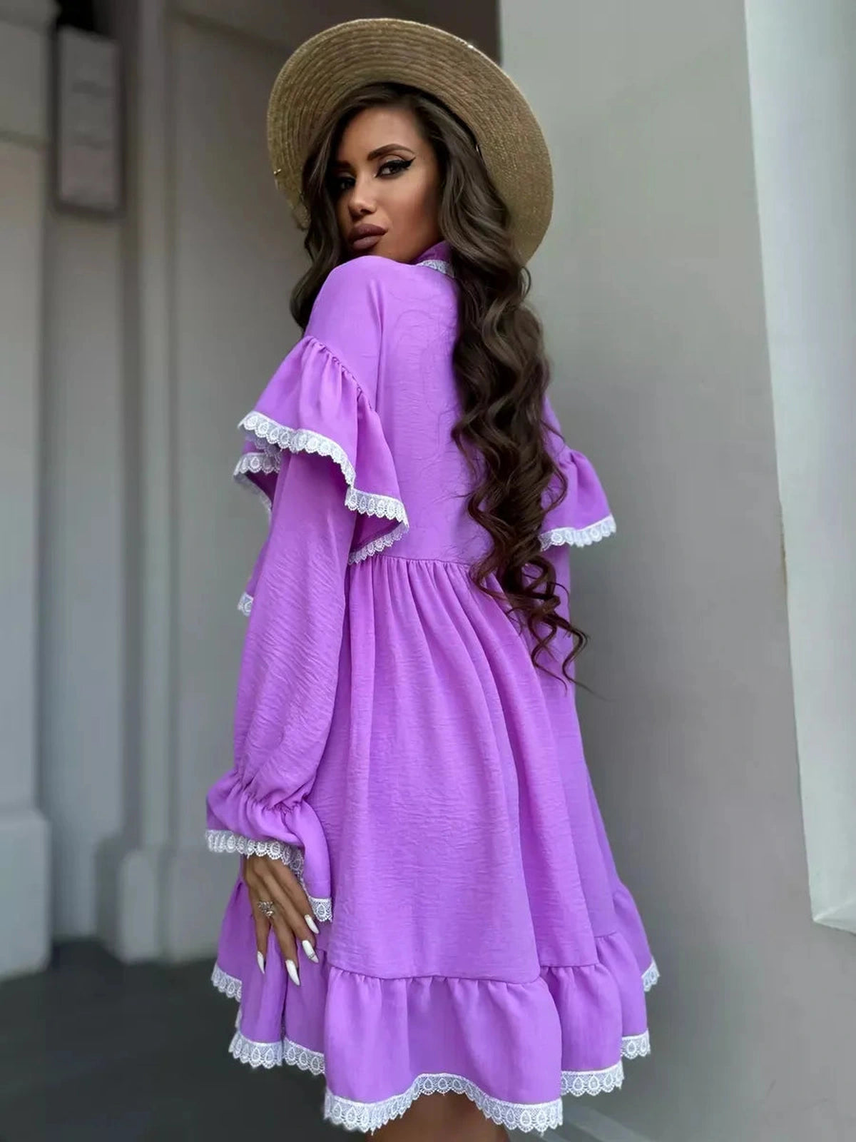 Violetta Mini Dress by Lauven featuring delicate lace and flowing ruffles in lilac color.