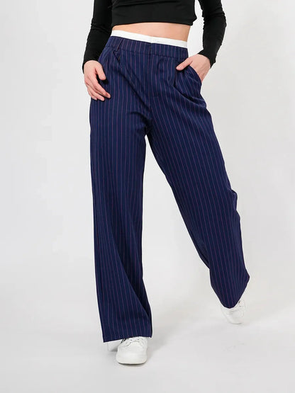 Aster Pants by Lauven, high-waist wide-leg trousers in navy with elegant pinstripes for a refined look.