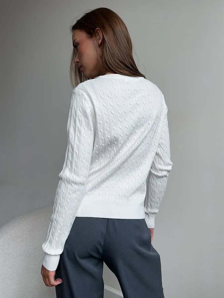 Ivory Cardigan by Lauven - Lightweight cable knit sweater, showcasing stylish back view in a neutral setting.