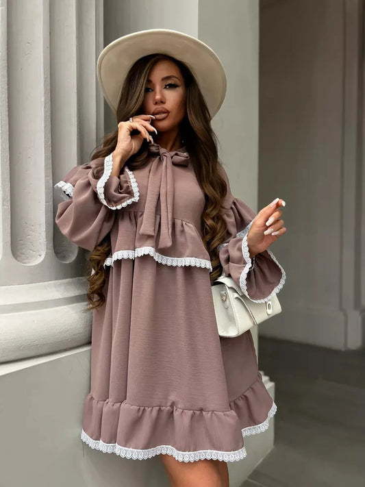 Aurora Mini Dress by Lauven featuring soft ruffles and delicate lace trim, perfect for a stylish and comfortable look.