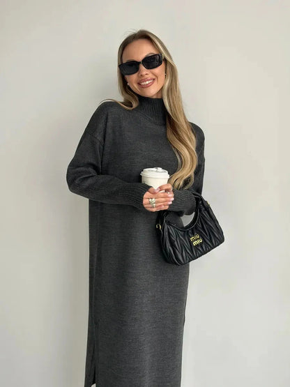 Asteria Midi Dress by Lauven, featuring a cozy knit texture, high collar, and relaxed silhouette.