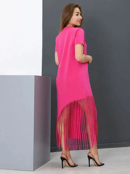 Capri Midi Dress by Lauven - Fuchsia Cotton Jersey Dress with Fringe Hem and Short Sleeves