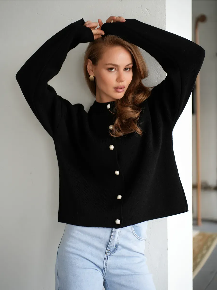 Obsidian Cardigan by Lauven - Cozy black knitwear with button closure, perfect for school and office wear.