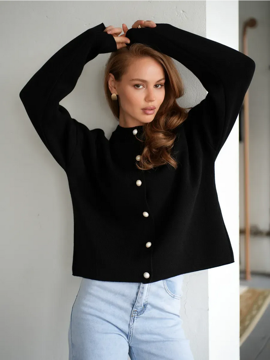 Obsidian Cardigan by Lauven - Cozy black knitwear with button closure, perfect for school and office wear.