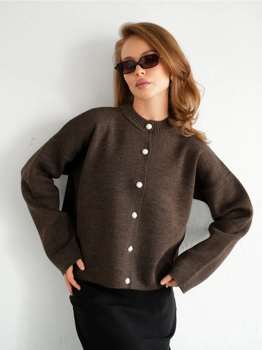 Cocoa Cardigan by Lauven, warm brown knitwear with button closure, perfect for both school and office wear.