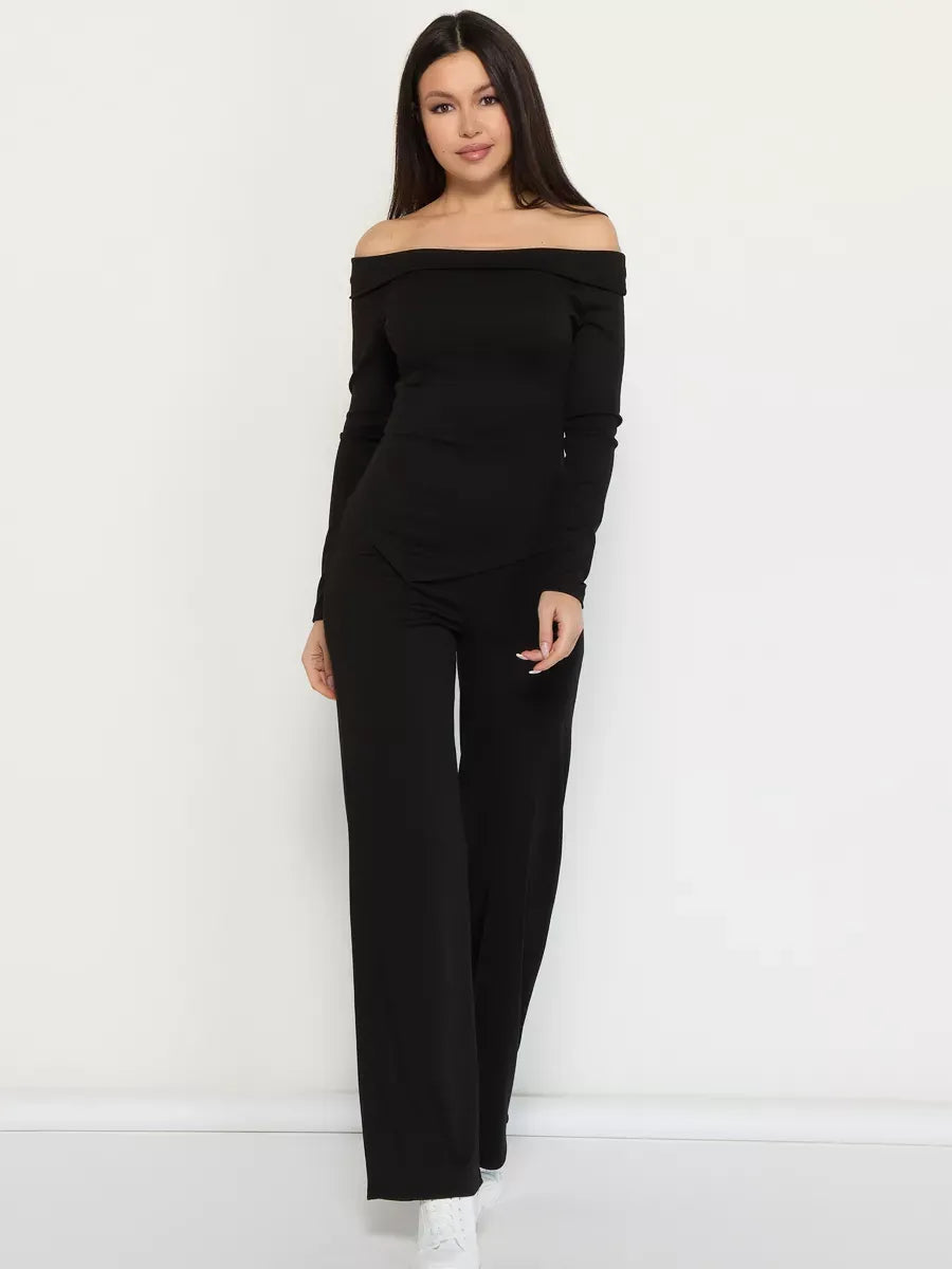 Onyx Two-Piece Set by Lauven, stylish off-shoulder ribbed women's suit in black.