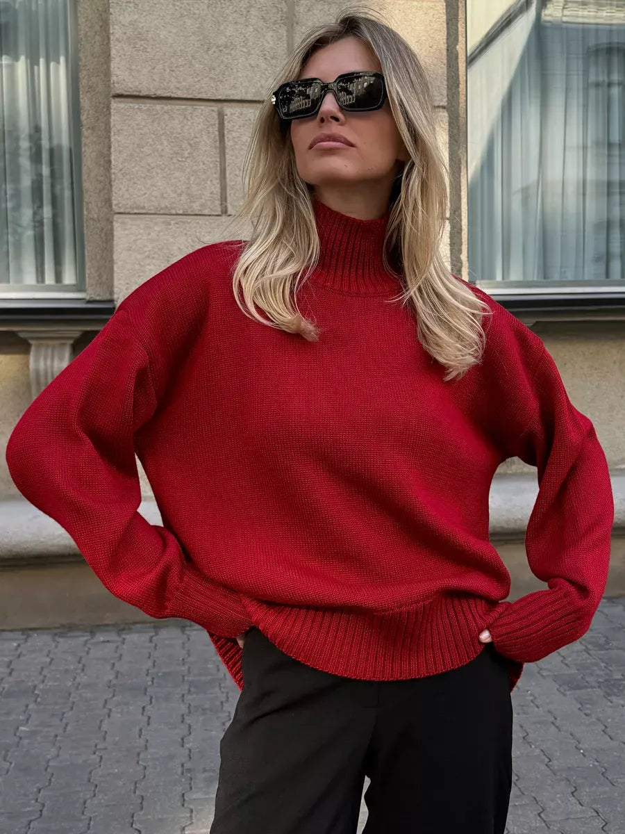 Sienna Sweater by Lauven - Oversized women's knit turtleneck in deep red for timeless sophistication.