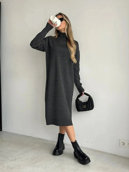 Asteria Midi Dress by Lauven in a cozy knit style, featuring a high ribbed collar and long sleeves.