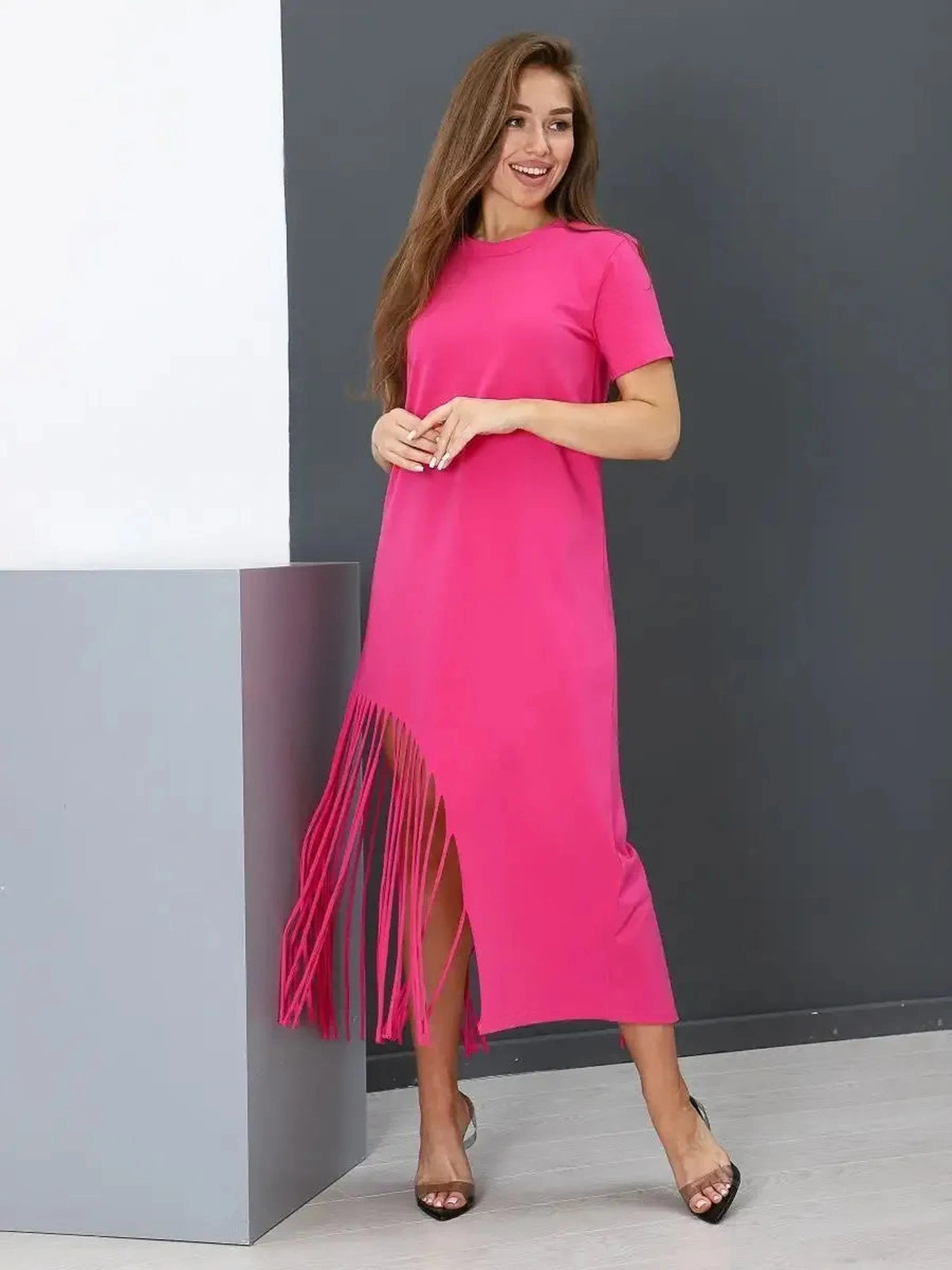 Capri Midi Dress by Lauven, fuchsia cotton jersey dress with fringe hem and short sleeves for effortless elegance.