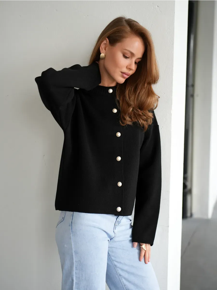 Obsidian Cardigan by Lauven - Warm black knitwear with button closure, perfect for school or office wear.