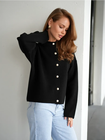 Obsidian Cardigan by Lauven - Warm black knitwear with button closure, perfect for school or office wear.