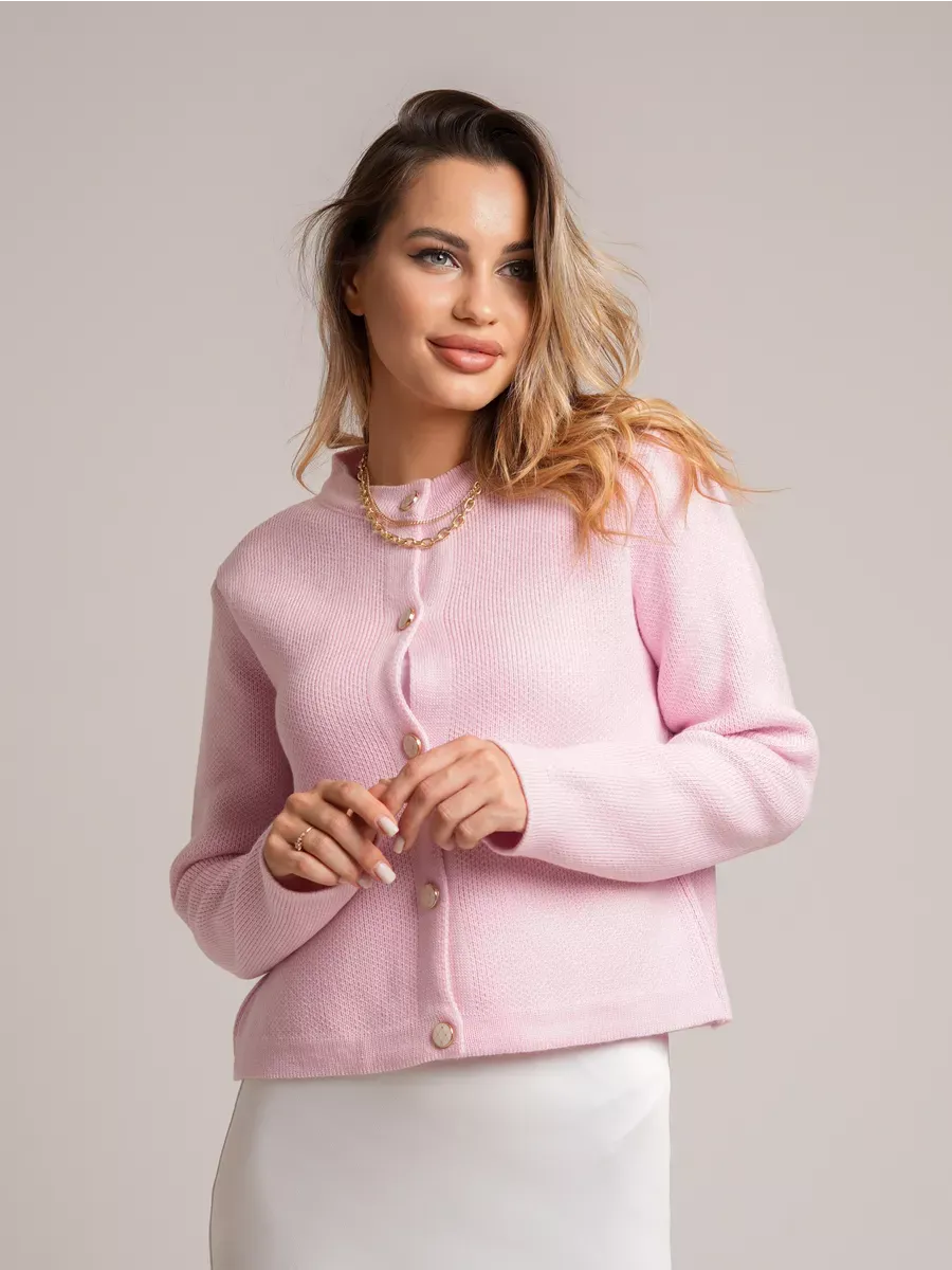 Blush Cardigan by Lauven, pink short loose fit knit with decorative buttons, perfect for autumn elegance.