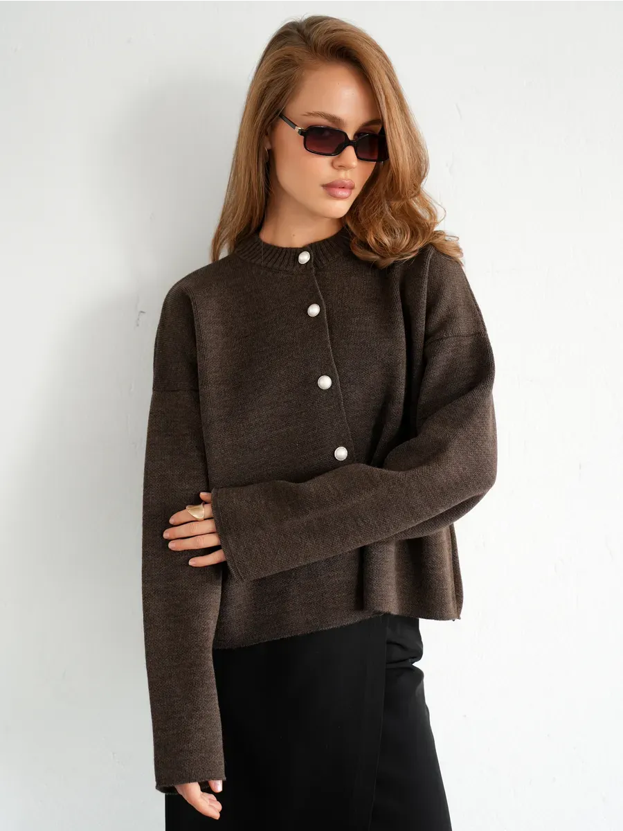Cocoa Cardigan by Lauven, warm brown knitwear with button closure, perfect for school and office wear.