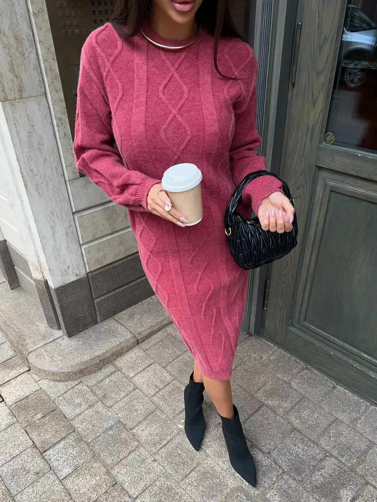 Berry Midi Dress by Lauven - Elegant textured knit dress in rich berry color, perfect for stylish daytime outings.