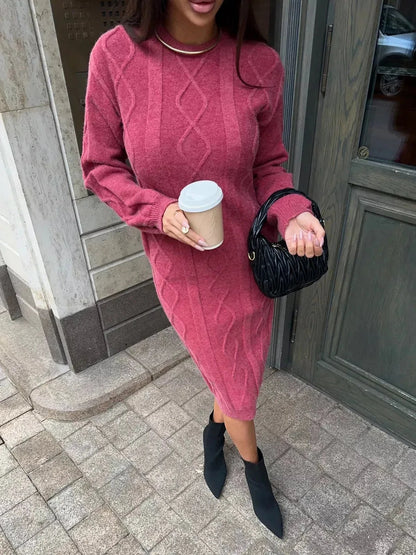 Berry Midi Dress by Lauven - Elegant textured knit dress in rich berry color, perfect for stylish daytime outings.
