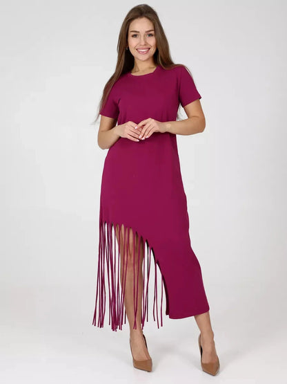Riviera Midi Dress by Lauven in pink with asymmetrical fringe hem and relaxed fit.