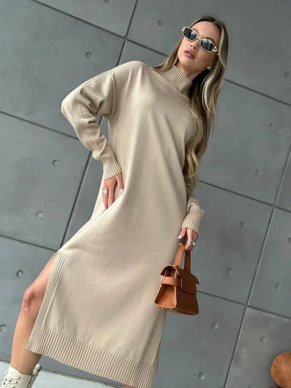 Seren Midi Dress in classic beige from Lauven showcasing a soft high-neck collar and side slit, ideal for elegant autumn wear.
