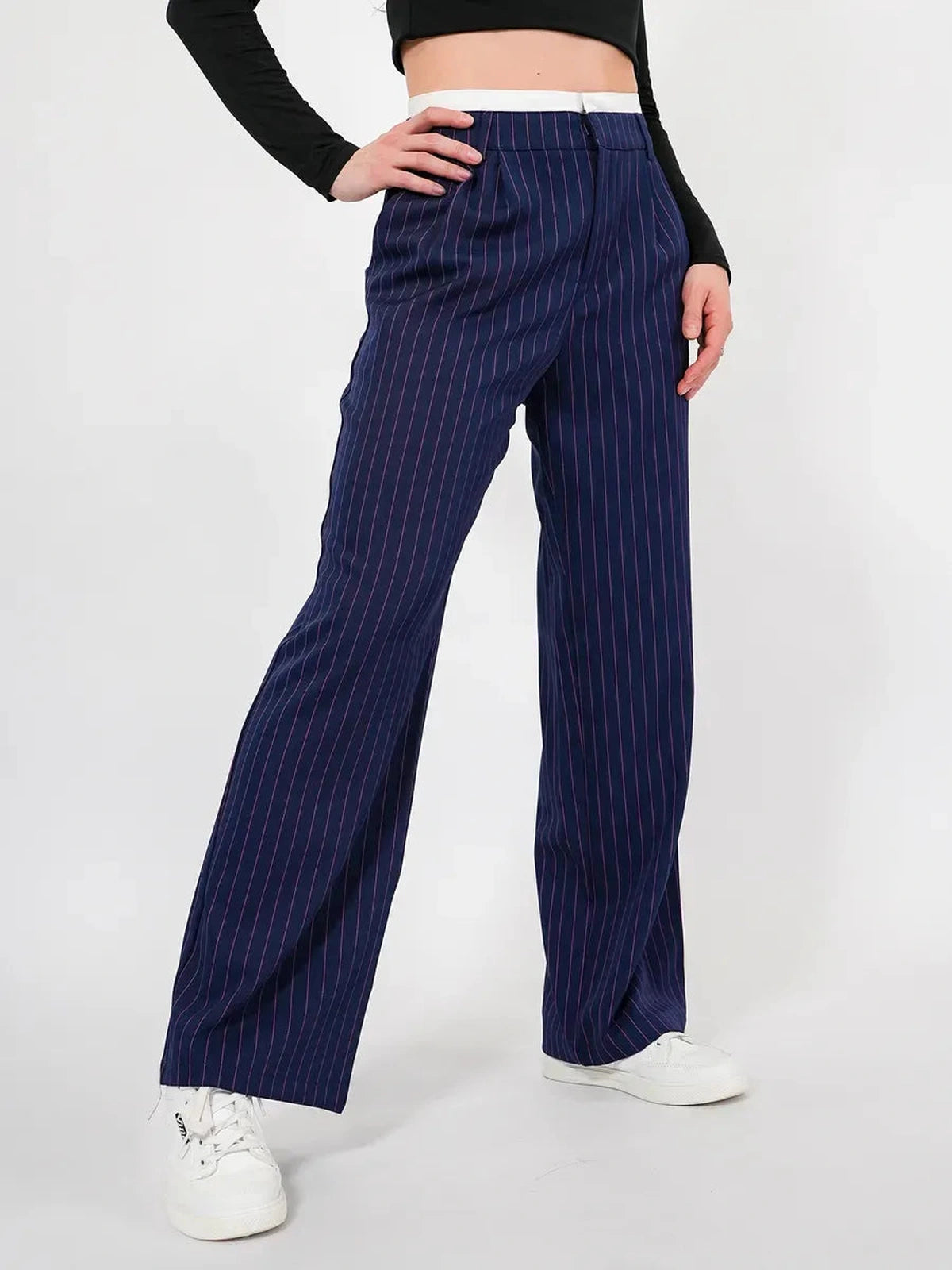 Aster Pants by Lauven, refined high-waist wide-leg trousers featuring navy base with elegant pinstripes.