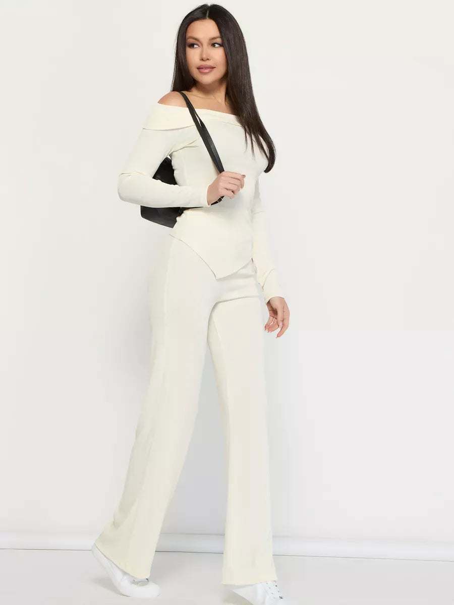 Ivory Two-Piece Set by Lauven, featuring an off-shoulder ribbed women's suit in a flattering slim fit.