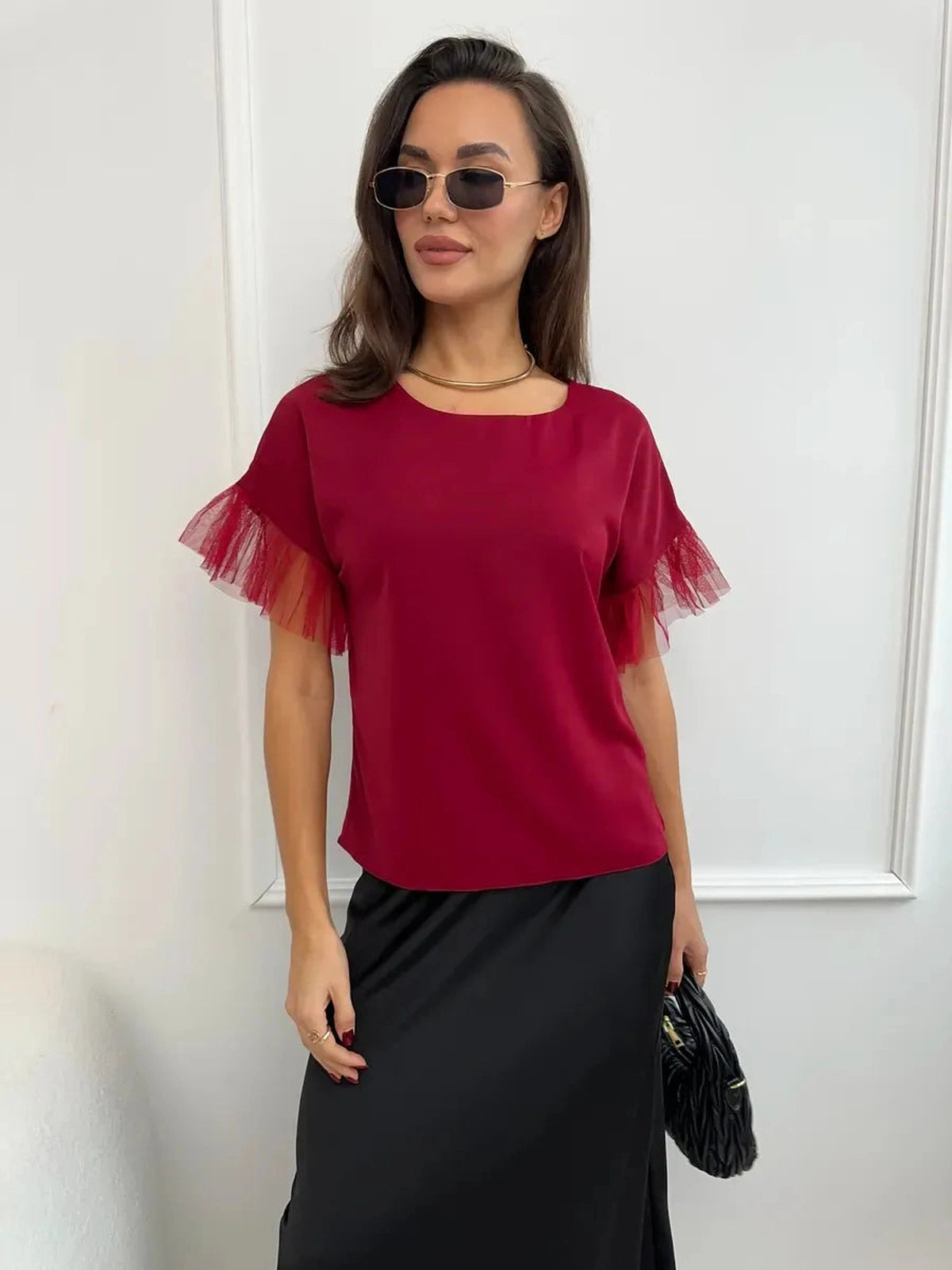 Velora Blouse by Lauven - Burgundy short sleeve blouse with sheer ruffle sleeves, ideal for stylish outfits.