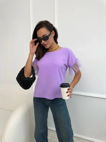Lavande Blouse by Lauven - Lilac short sleeve blouse with sheer ruffle detail and stylish sunglasses.