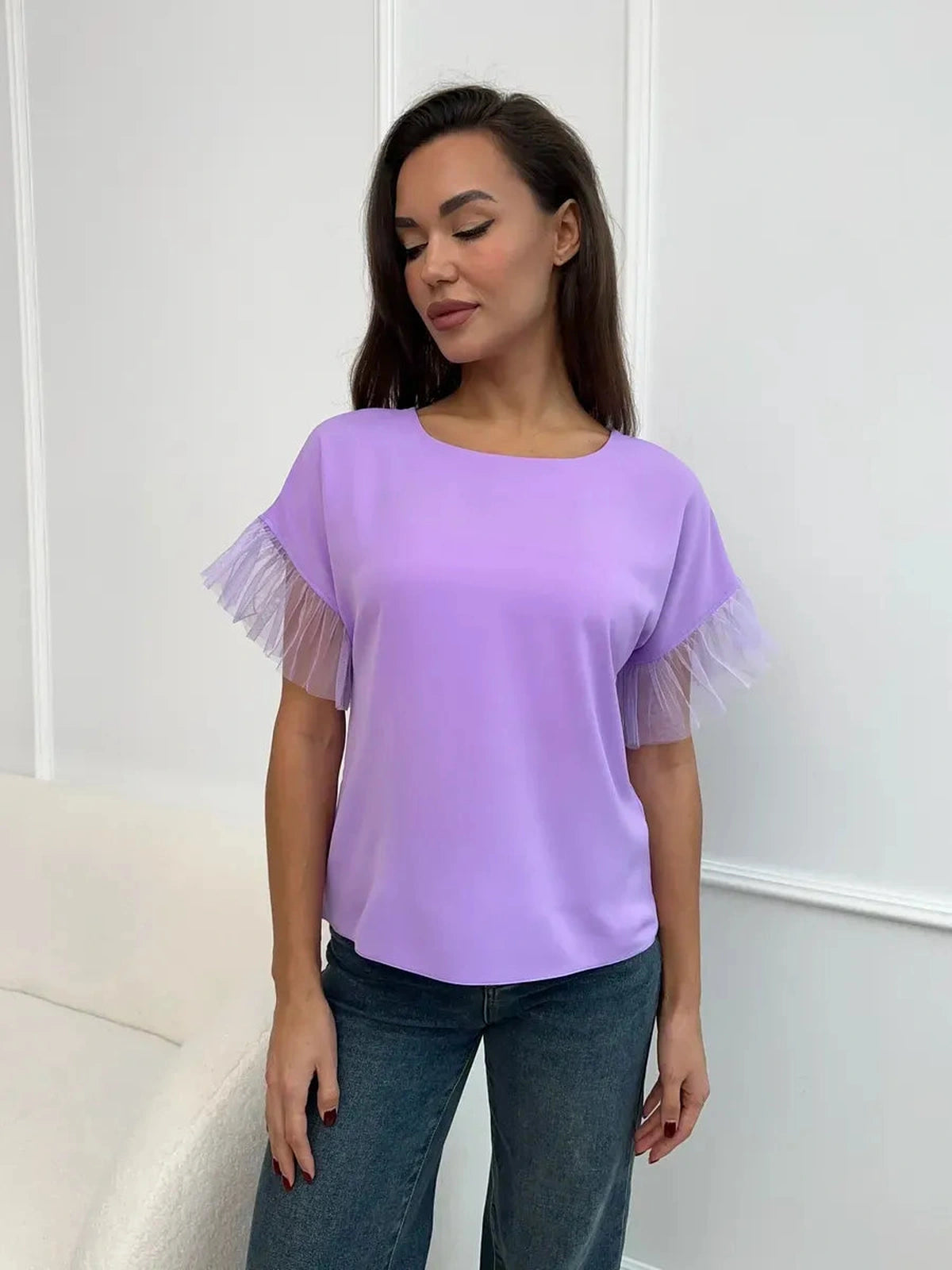 Lavande Blouse — Lilac short sleeve blouse with sheer ruffle detail by Lauven, perfect for polished looks.