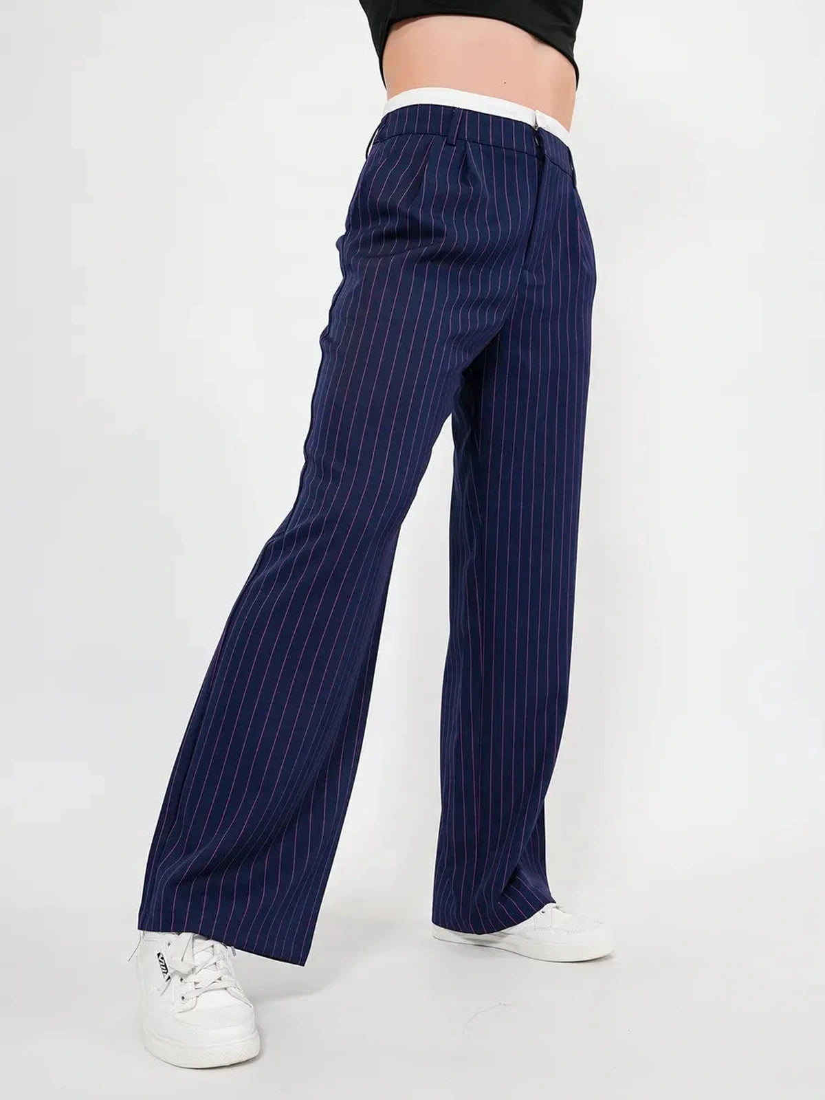 Aster Pants by Lauven, refined high-waist wide-leg trousers in navy pinstripes, perfect for work and casual outfits.
