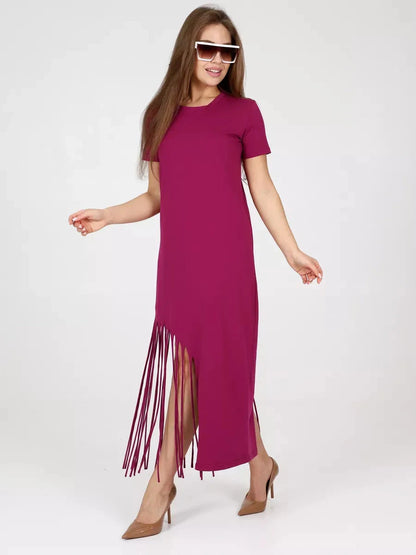Riviera Midi Dress by Lauven in fuchsia, featuring fringe hem and relaxed fit for stylish comfort.