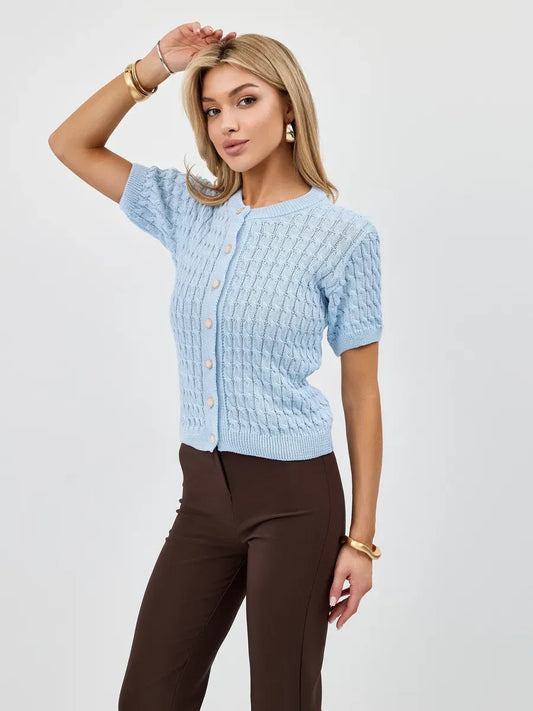Celeste Cardigan by Lauven, breathable cotton-acrylic knitwear, stylish short-sleeve design in light blue.