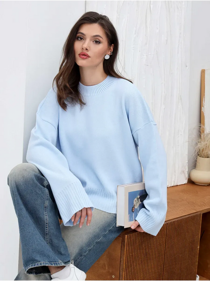 Celine Sweater by Lauven in oversized knit style and sky blue color, offering comfort and elegance for women.