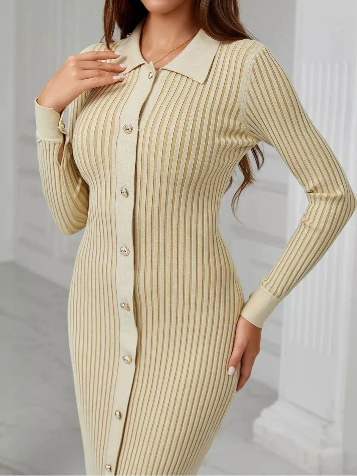 Soleil Midi Dress by Lauven featuring elegant ribbed knit in soft beige with button detail.