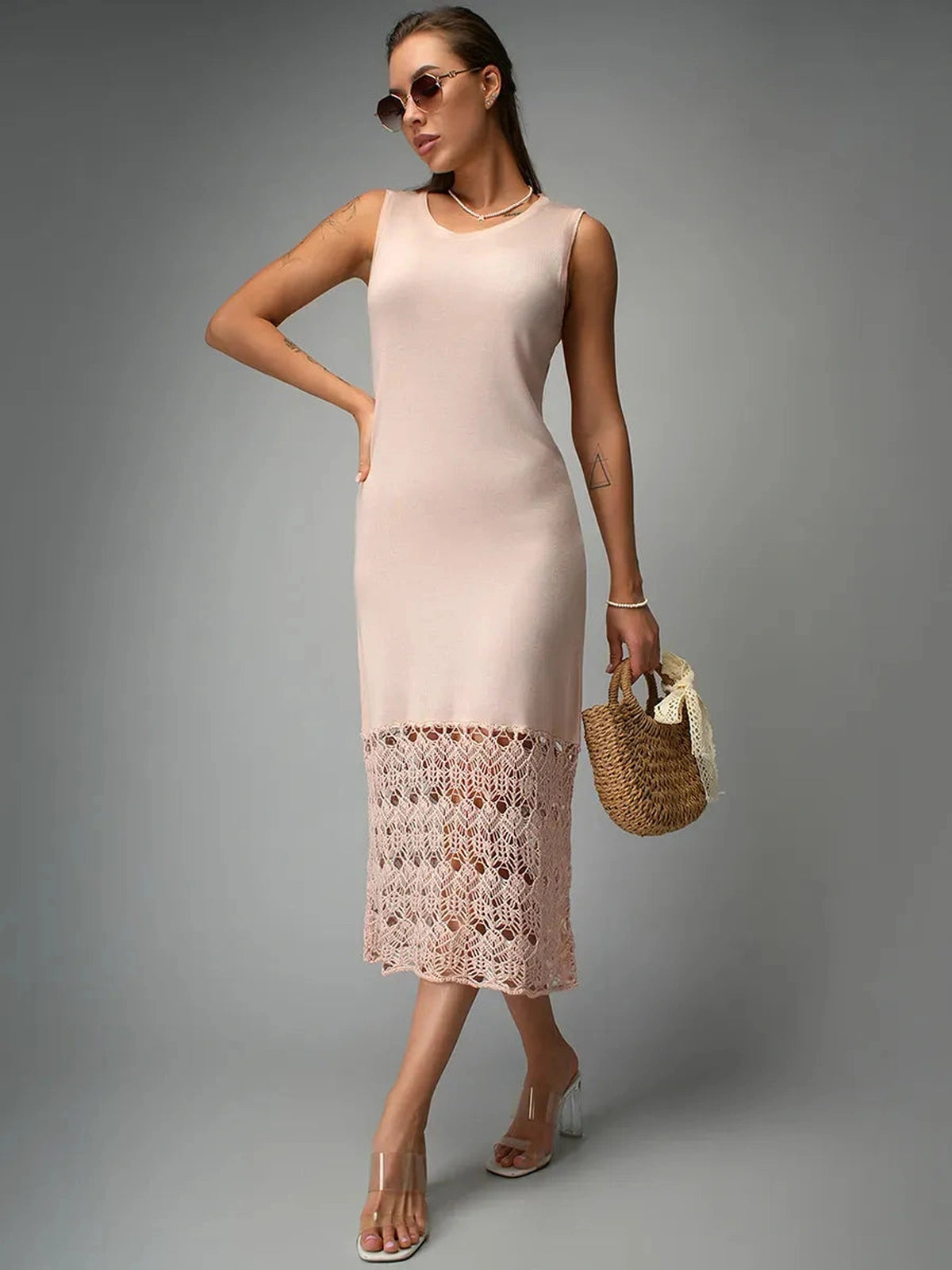 Elara Midi Dress by Lauven in beige knit with crochet detailing, perfect for warm days and elegant evenings.