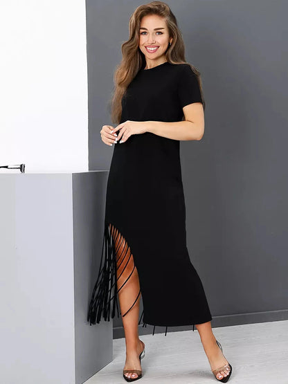 Noir Midi Dress by Lauven - Elegant black cotton dress with fringe hem, perfect for casual outings.
