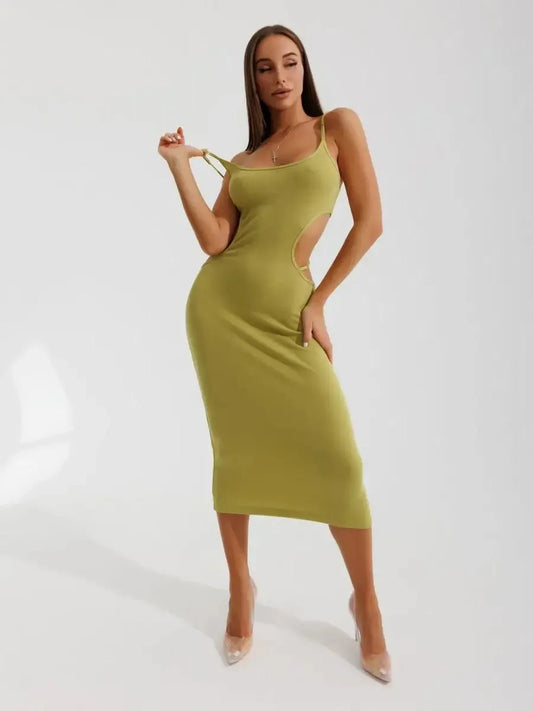 Model showcasing a pistachio Sculpt Cutout Midi Dress with side cut-outs and a fitted silhouette.