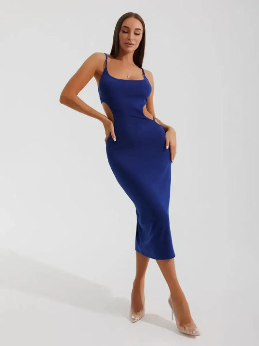 Sculpt Midi Dress in vibrant cornflower blue featuring side cut-outs and a figure-hugging silhouette.