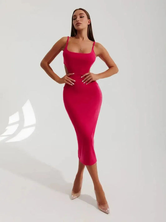 Sculpt Midi Dress in vibrant pink with side cutouts and a body-hugging fit, showcasing contemporary elegance.