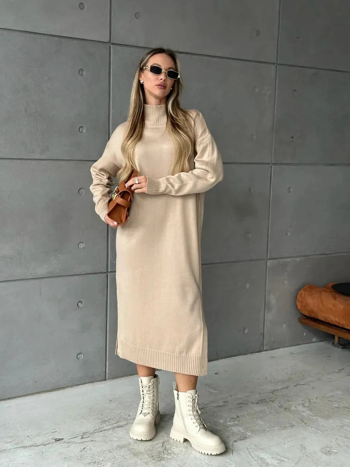 Seren Midi Dress by Lauven in classic beige, featuring a high-neck collar and relaxed silhouette, ideal for autumn style.