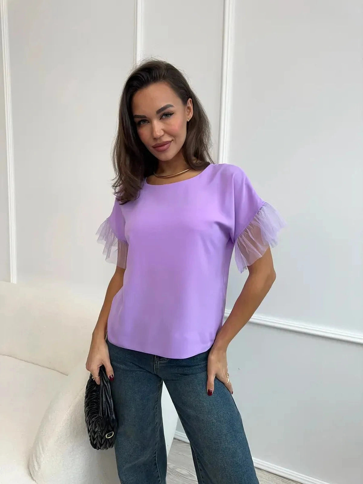 Lavande Blouse by Lauven - Lilac Short Sleeve Blouse with Sheer Ruffle Detail, perfect for any occasion.