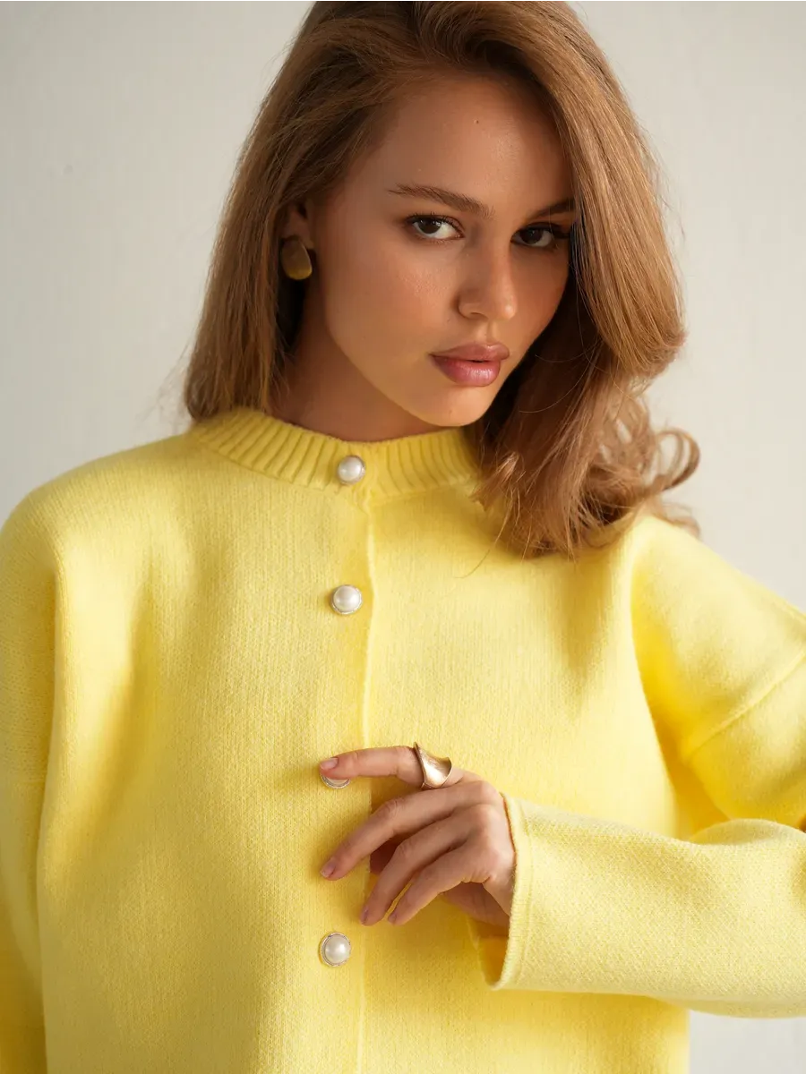 Lemonade Cardigan by Lauven, warm yellow knitwear with button closure for stylish school and office wear.