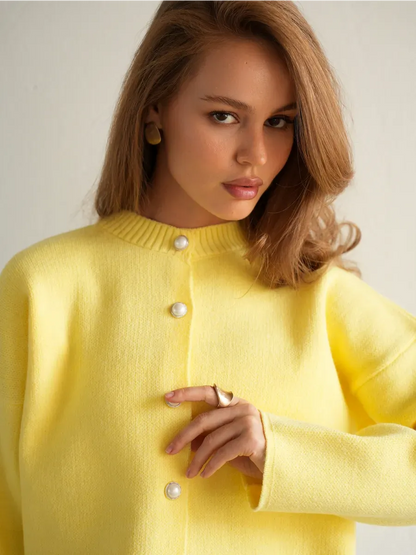 Lemonade Cardigan by Lauven, warm yellow knitwear with button closure for stylish school and office wear.