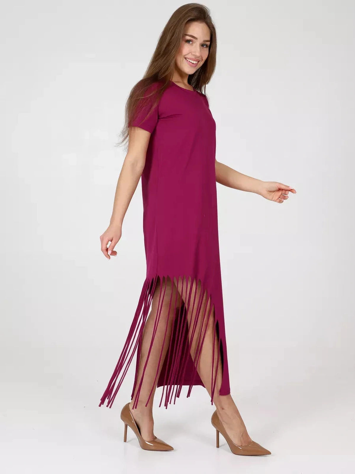 Riviera Midi Dress by Lauven, featuring a cotton jersey design with fringe hem and relaxed fit, perfect for casual elegance.